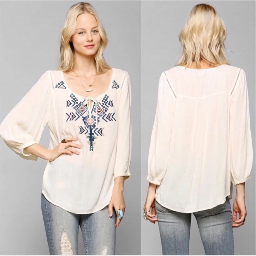 Ecote | Cream Embroidered Gauze Boho Peasant Top